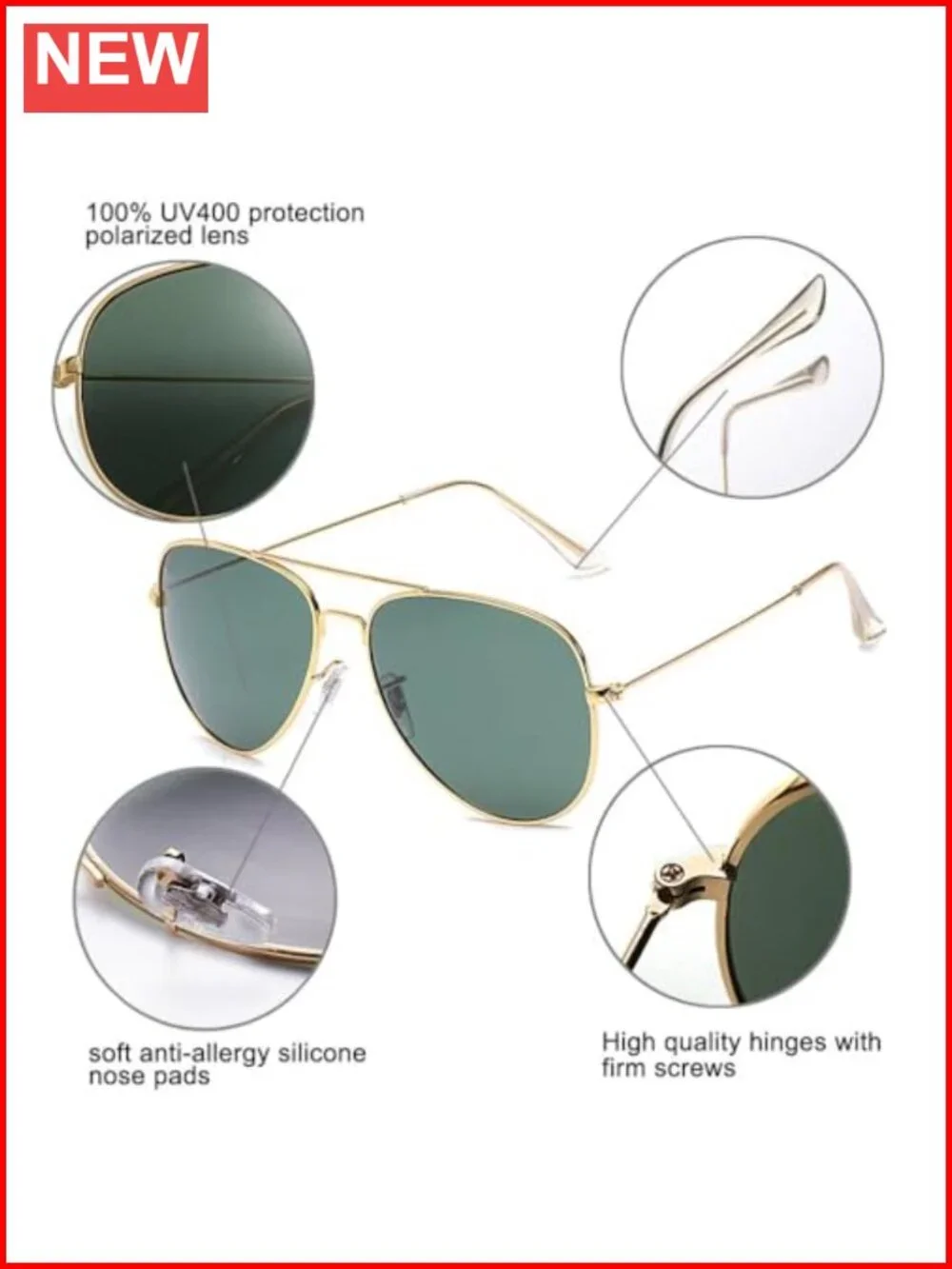 Classic Aviator Flat Lens Sunglasses Metal Frame Non-Polarized